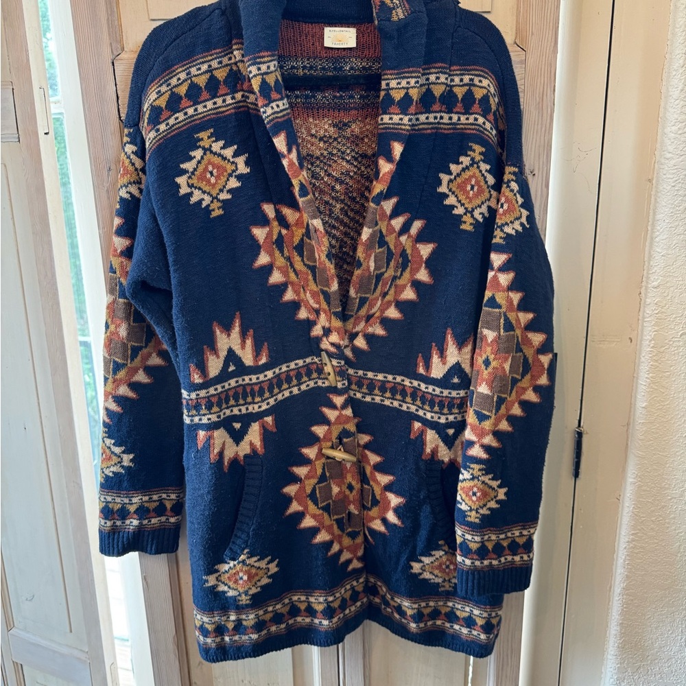 100% cotton Women's Navy Aztec Hooded Knit Sweater Cardigan